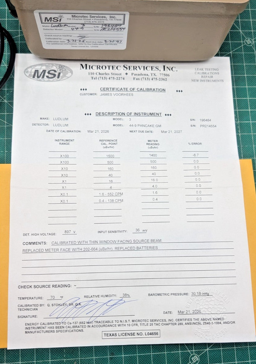 µSv Scale!! Guaranteed & 2026 Calibrated! Ludlum Model 3 + 44-9 Probe +Case